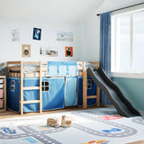 Hochbett für Kinder und blaue Vorhänge 80x200cm aus massivem Kiefernholz