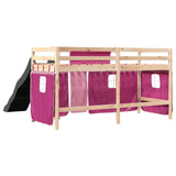 Hochbett für Kinder und rosa Vorhänge 80x200cm aus massivem Kiefernholz