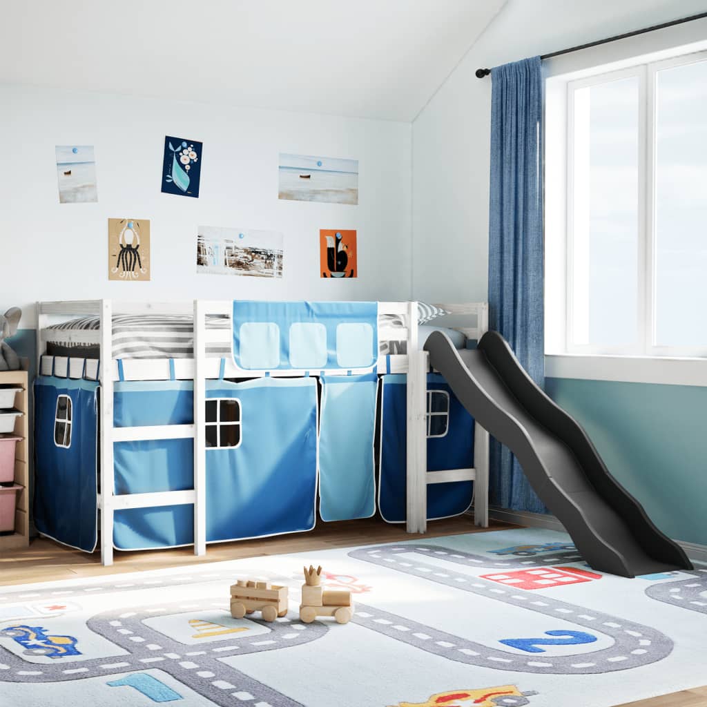 Hochbett für Kinder und blaue Vorhänge 80x200cm aus massivem Kiefernholz