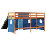 Hochbett für Kinder und blaue Vorhänge 80x200cm aus massivem Kiefernholz