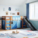 Hochbett für Kinder und blaue Vorhänge 80x200cm aus massivem Kiefernholz