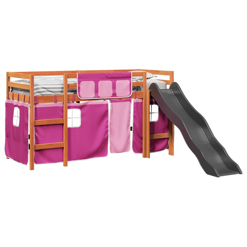 Hochbett für Kinder und rosa Vorhänge 80x200cm aus massivem Kiefernholz