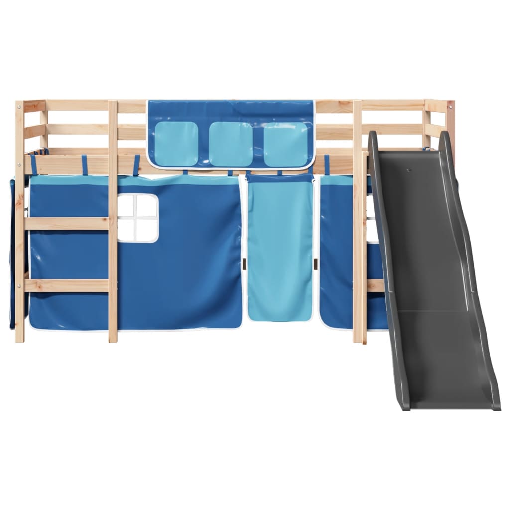 Children's mezzanine bed and blue curtains 90x200cm solid pine wood