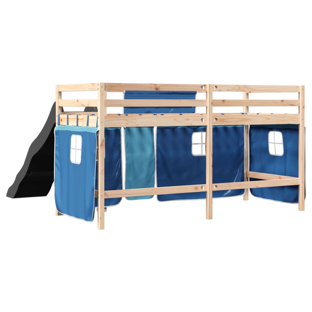 Children's mezzanine bed and blue curtains 90x200cm solid pine wood