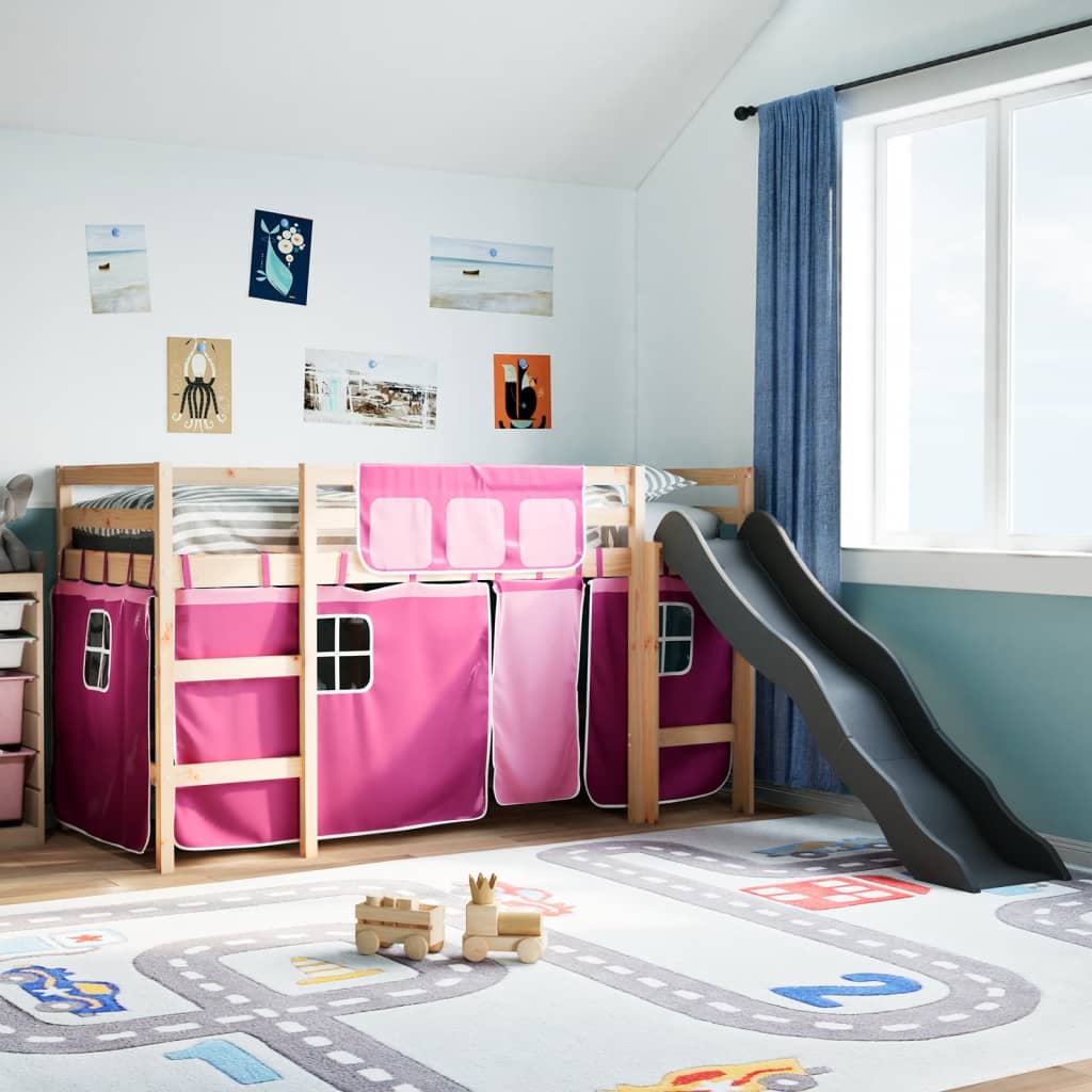 Hochbett für Kinder und rosa Vorhänge 90x200cm aus massivem Kiefernholz