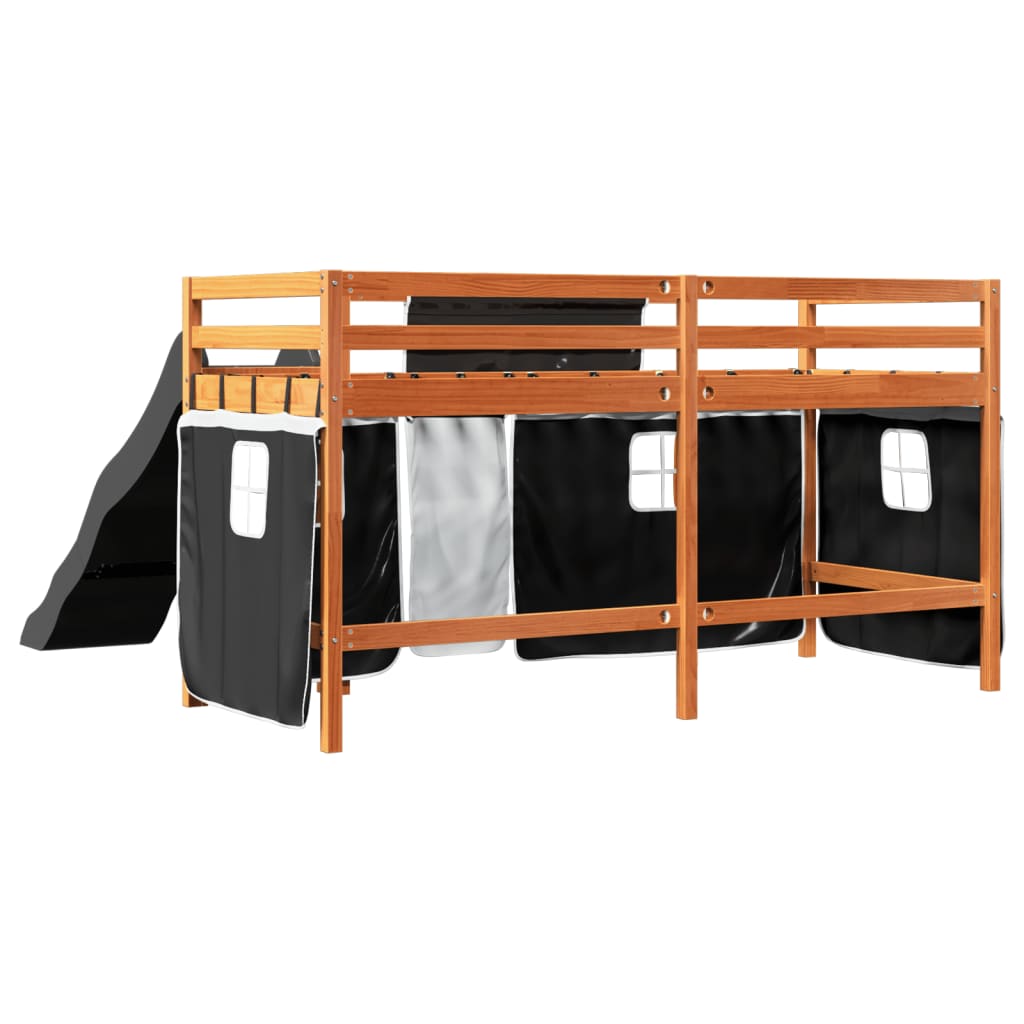 Children's loft bed and white/black curtains 90x200cm solid pine