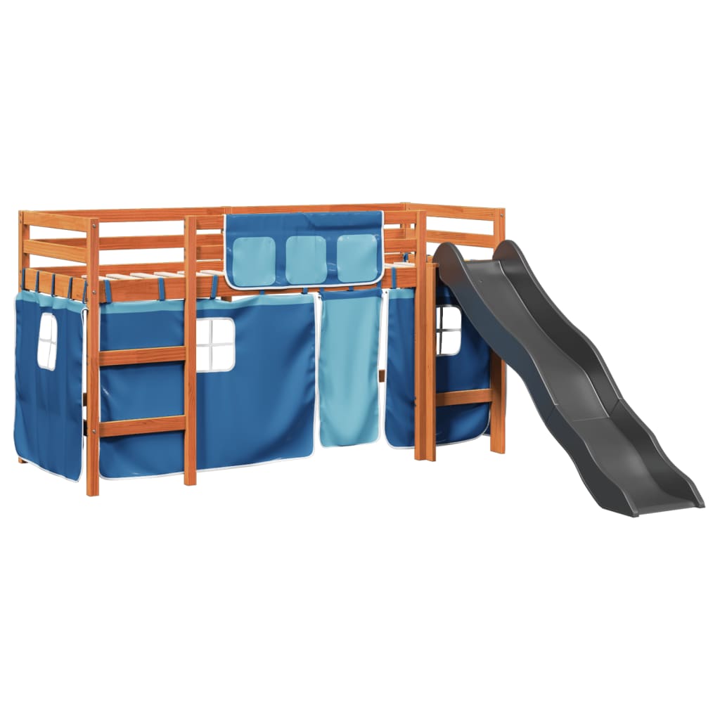 Hochbett für Kinder und blaue Vorhänge 90x200cm aus massivem Kiefernholz