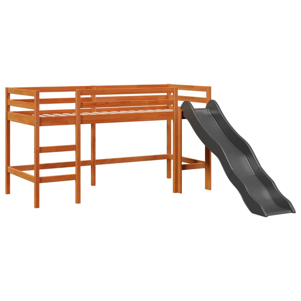 Hochbett für Kinder und rosa Vorhänge 90x200cm aus massivem Kiefernholz