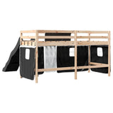 Children's loft bed and white/black curtains 90x190cm solid pine