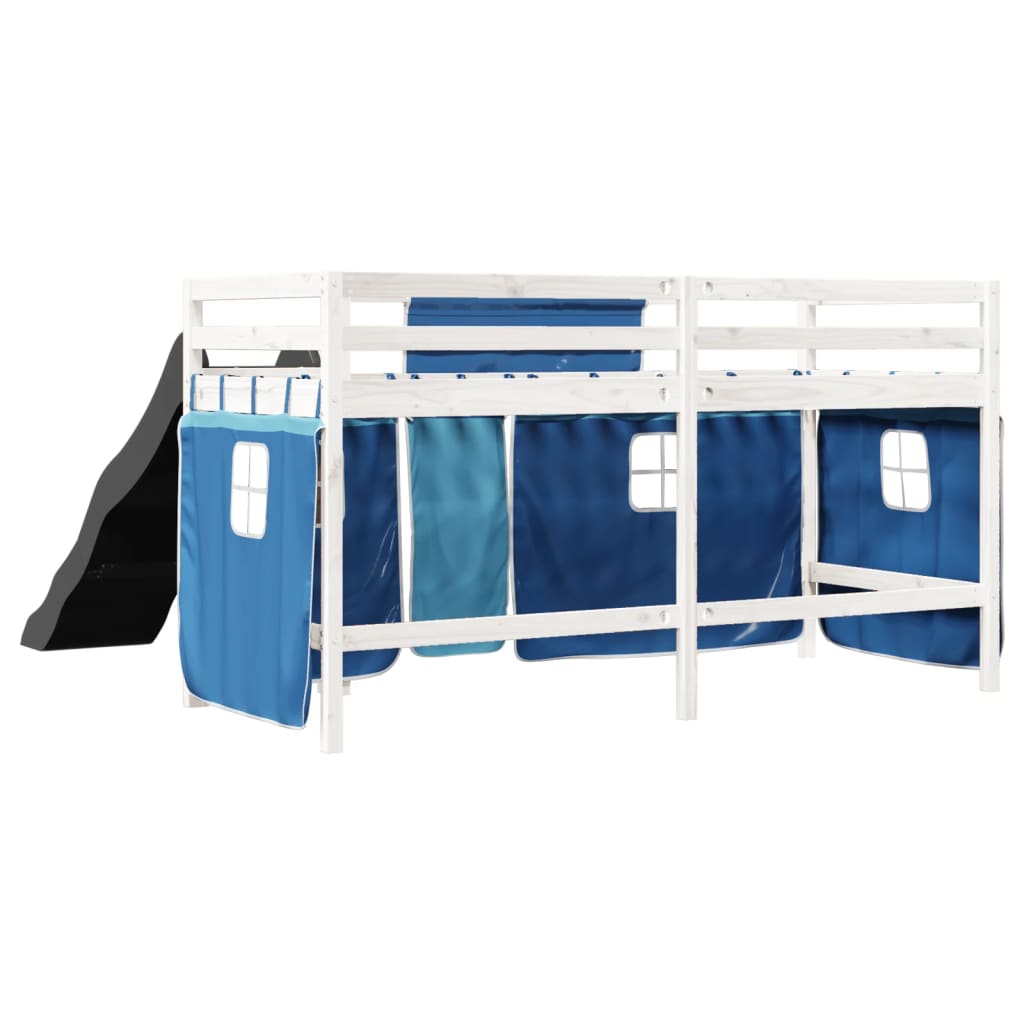 Lit mezzanine enfants et rideaux bleu 90x190cm bois pin massif