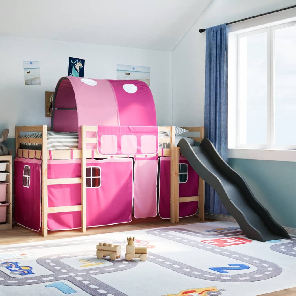 Children's loft bed with pink tunnel 80x200cm solid pine wood