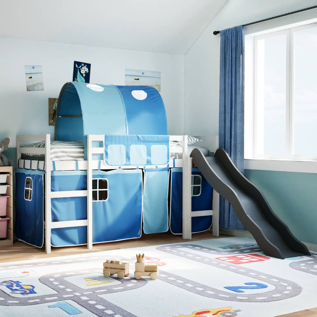 Lit mezzanine enfants avec tunnel bleu 80x200cm bois pin massif