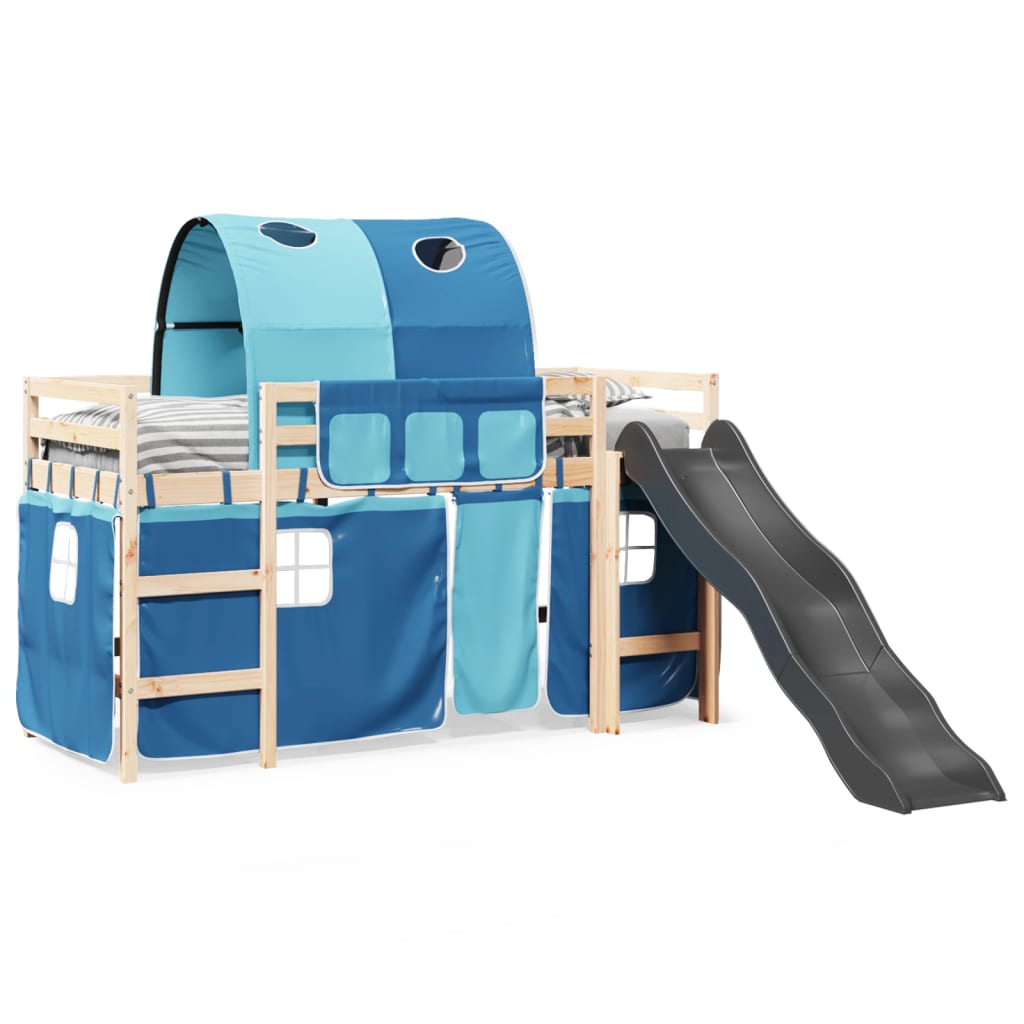 Lit mezzanine enfants et tunnel bleu 90x190 cm bois pin massif