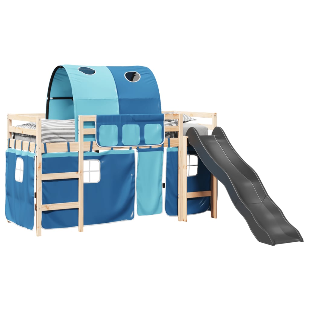 Lit mezzanine enfants et tunnel bleu 90x190 cm bois pin massif