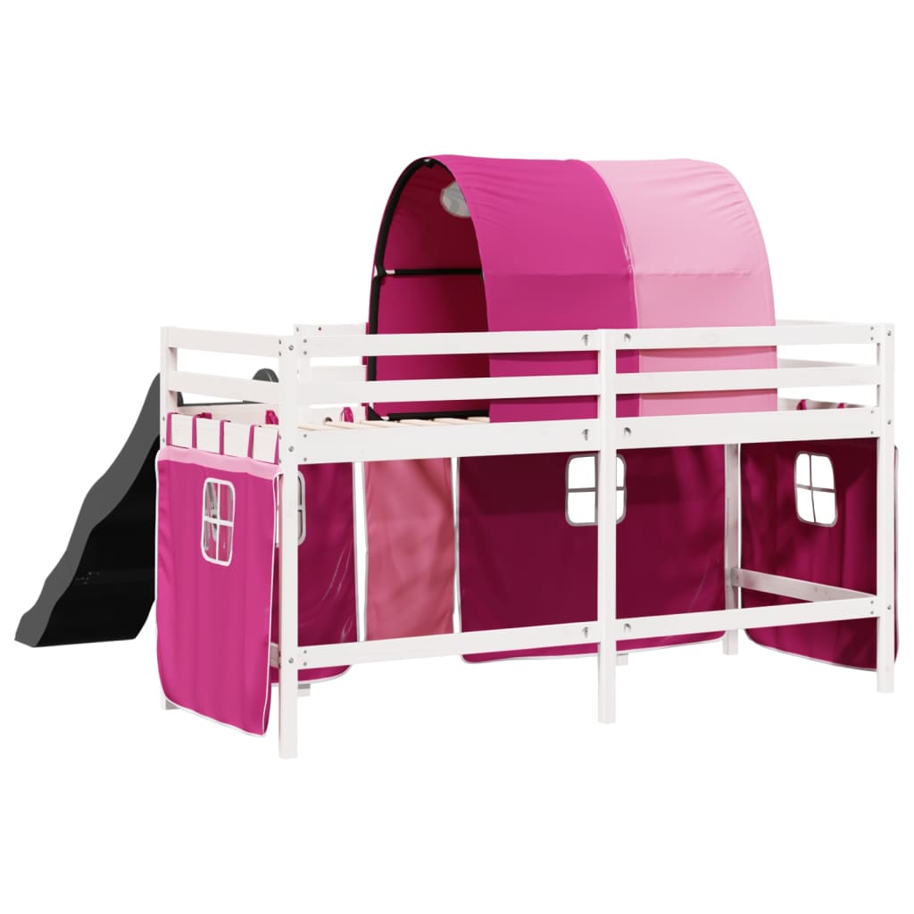 Children's loft bed with pink tunnel 90x190cm solid pine wood