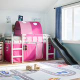 Children's loft bed with pink tunnel 90x190cm solid pine wood