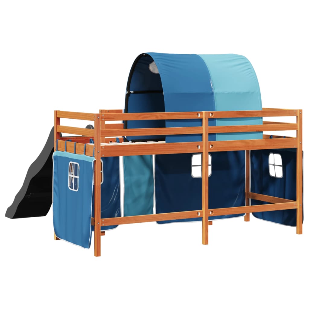 Lit mezzanine enfants et tunnel bleu 90x190 cm bois pin massif