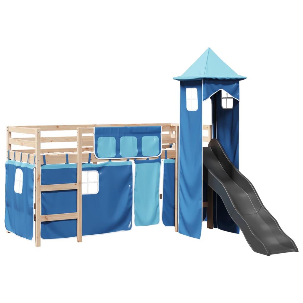 Children's loft bed with blue tower 80x200cm solid pine wood