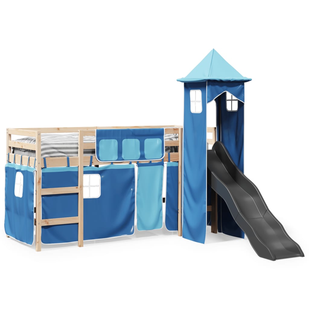 Children's loft bed with blue tower 80x200cm solid pine wood