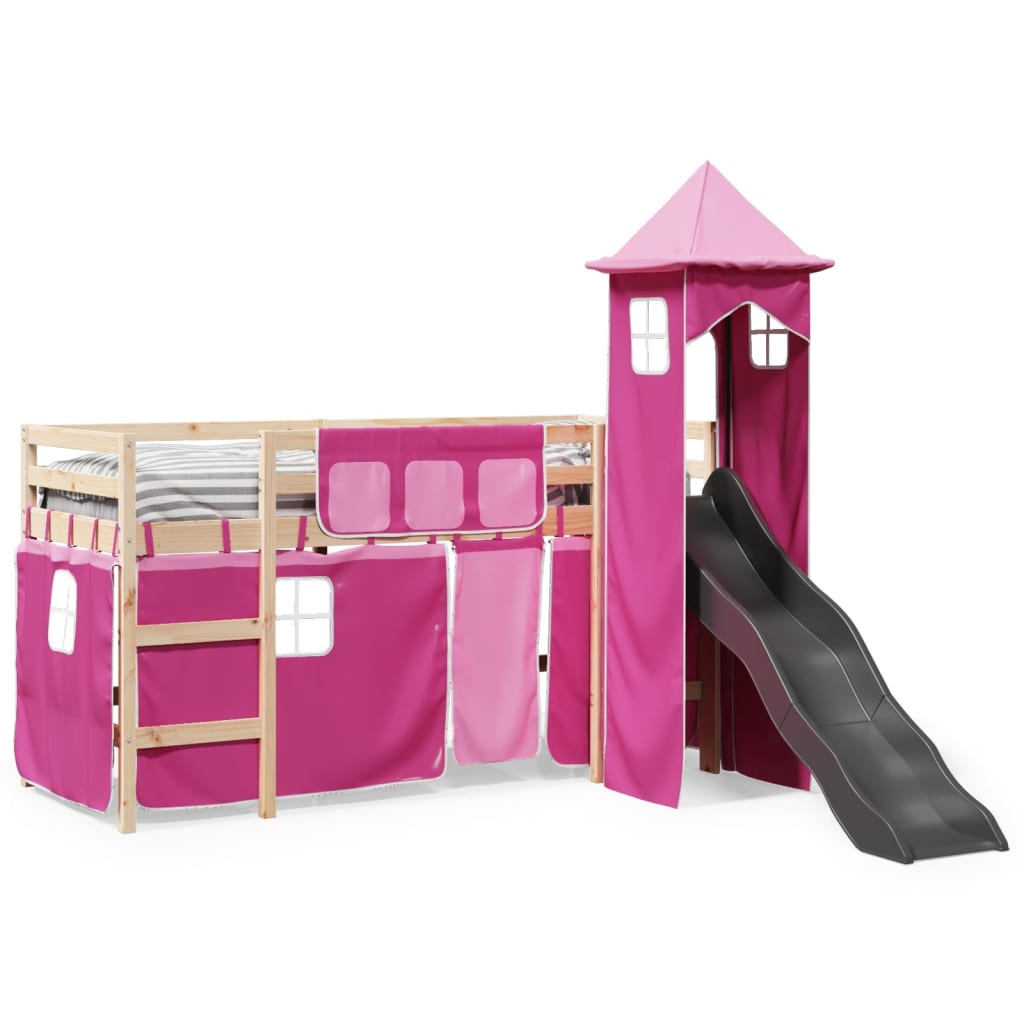 Lit mezzanine enfants avec tour rose 80x200cm bois pin massif