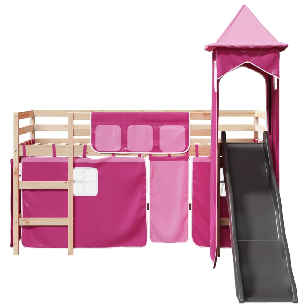 Lit mezzanine enfants avec tour rose 80x200cm bois pin massif