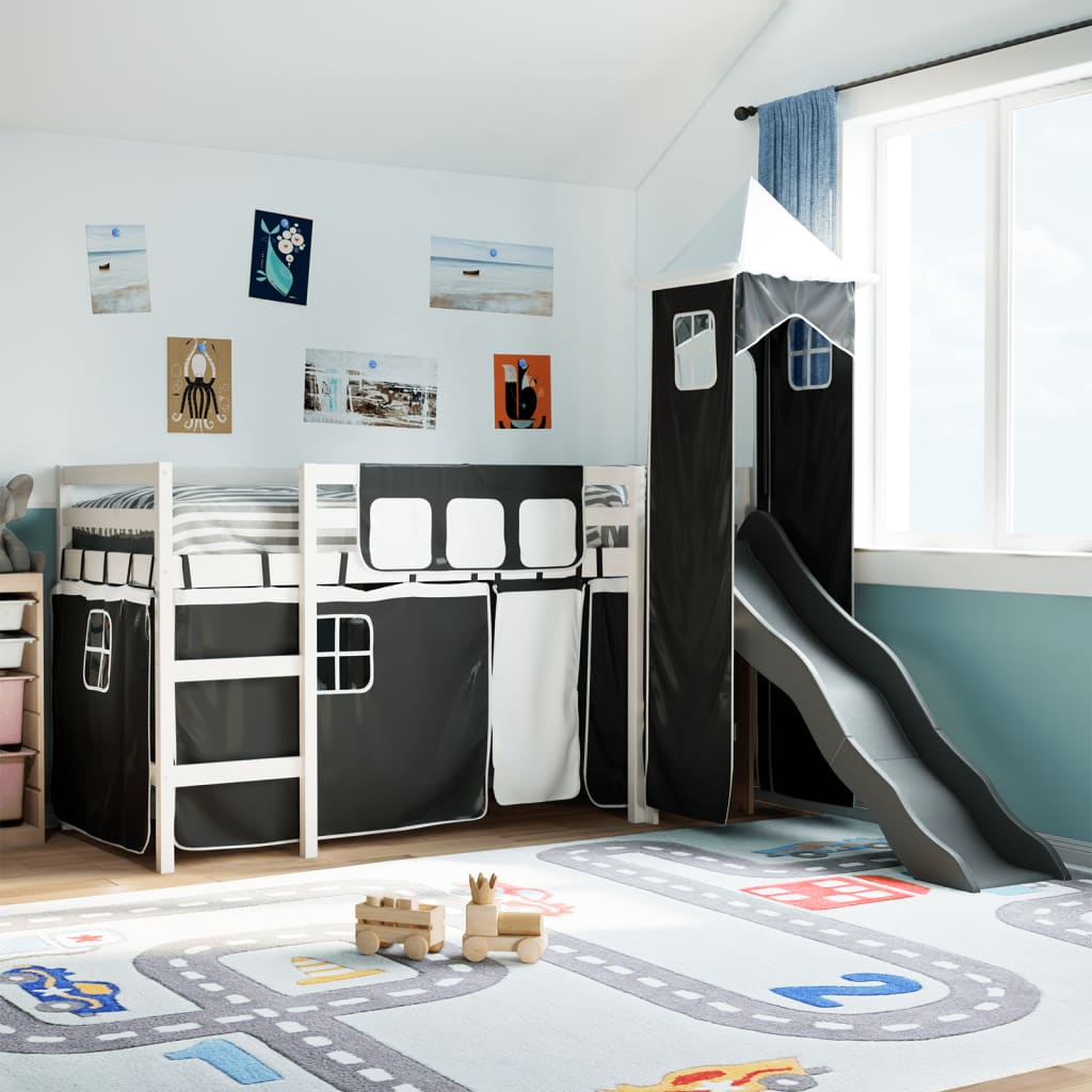 Lit mezzanine enfants avec tour blanc/noir 80x200cm pin massif