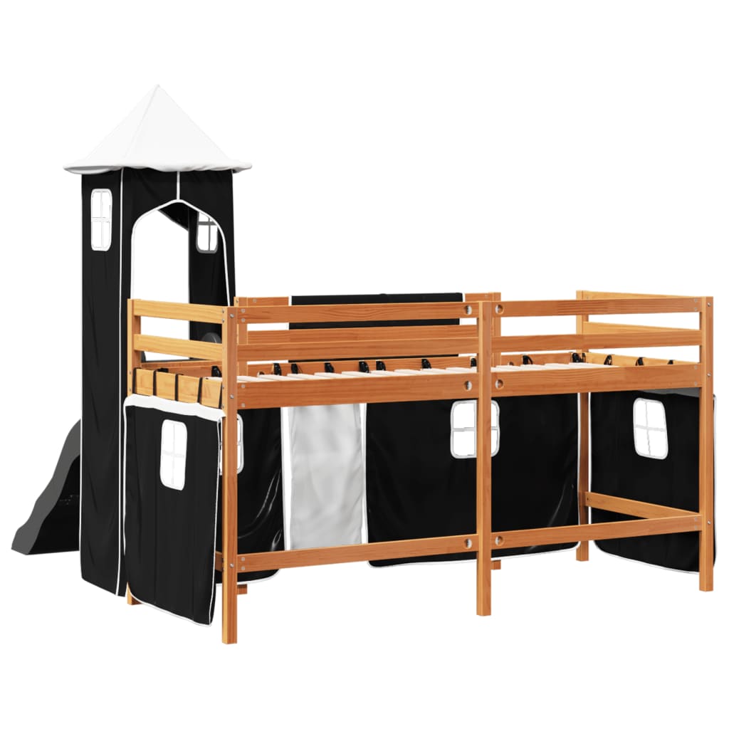 Hochbett für Kinder mit weiß/schwarzem Turm 80x200cm aus massivem Kiefernholz