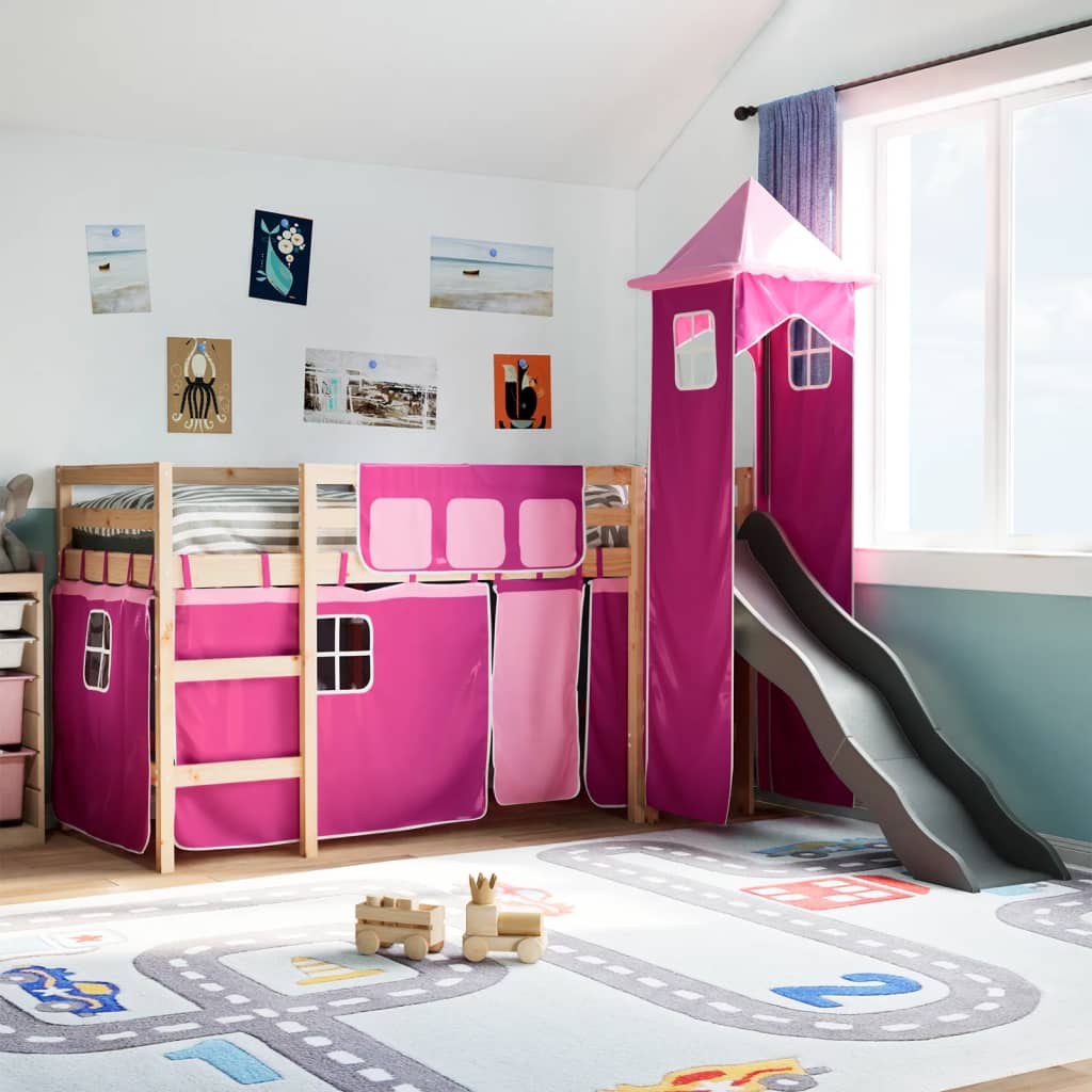 Hochbett für Kinder mit rosa Turm 90x200 cm aus massivem Kiefernholz