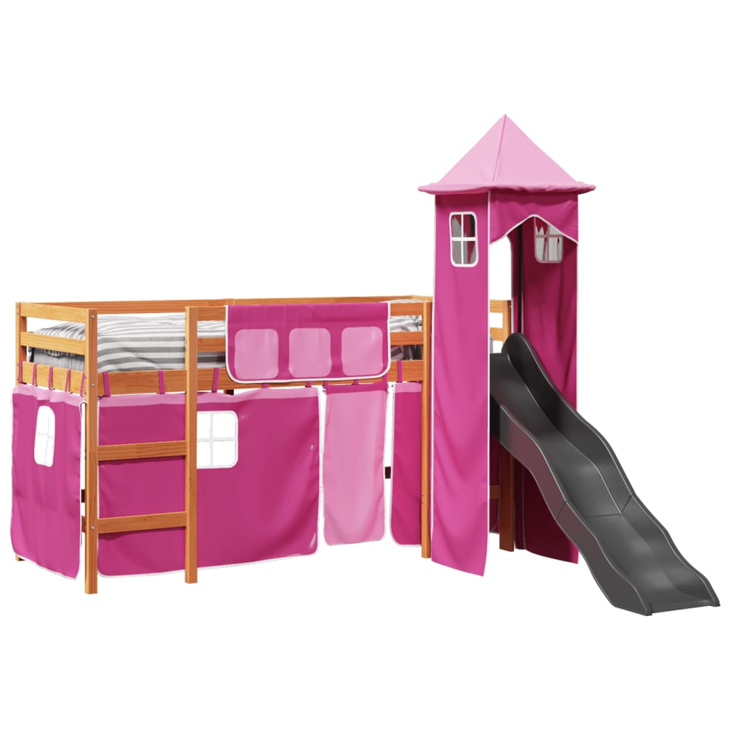 Hochbett für Kinder mit rosa Turm 90x200 cm aus massivem Kiefernholz