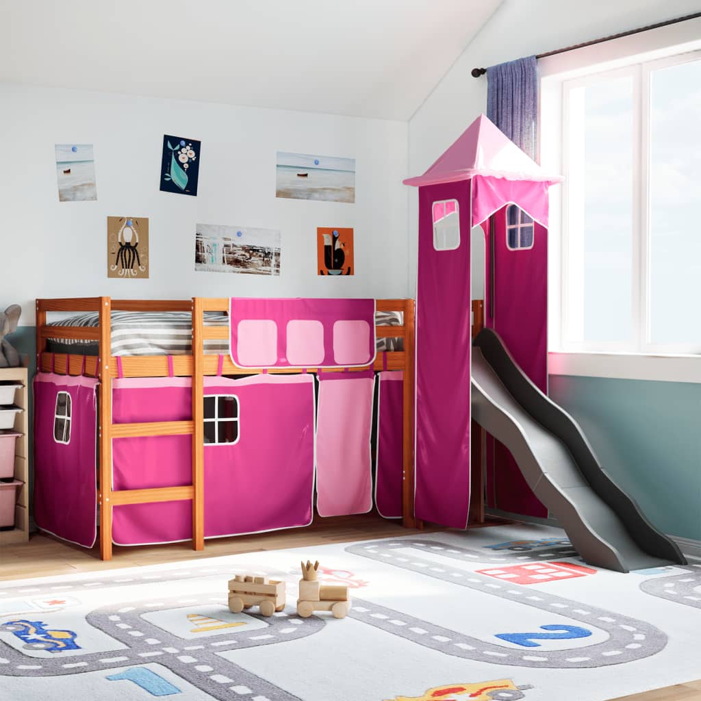 Hochbett für Kinder mit rosa Turm 90x200 cm aus massivem Kiefernholz