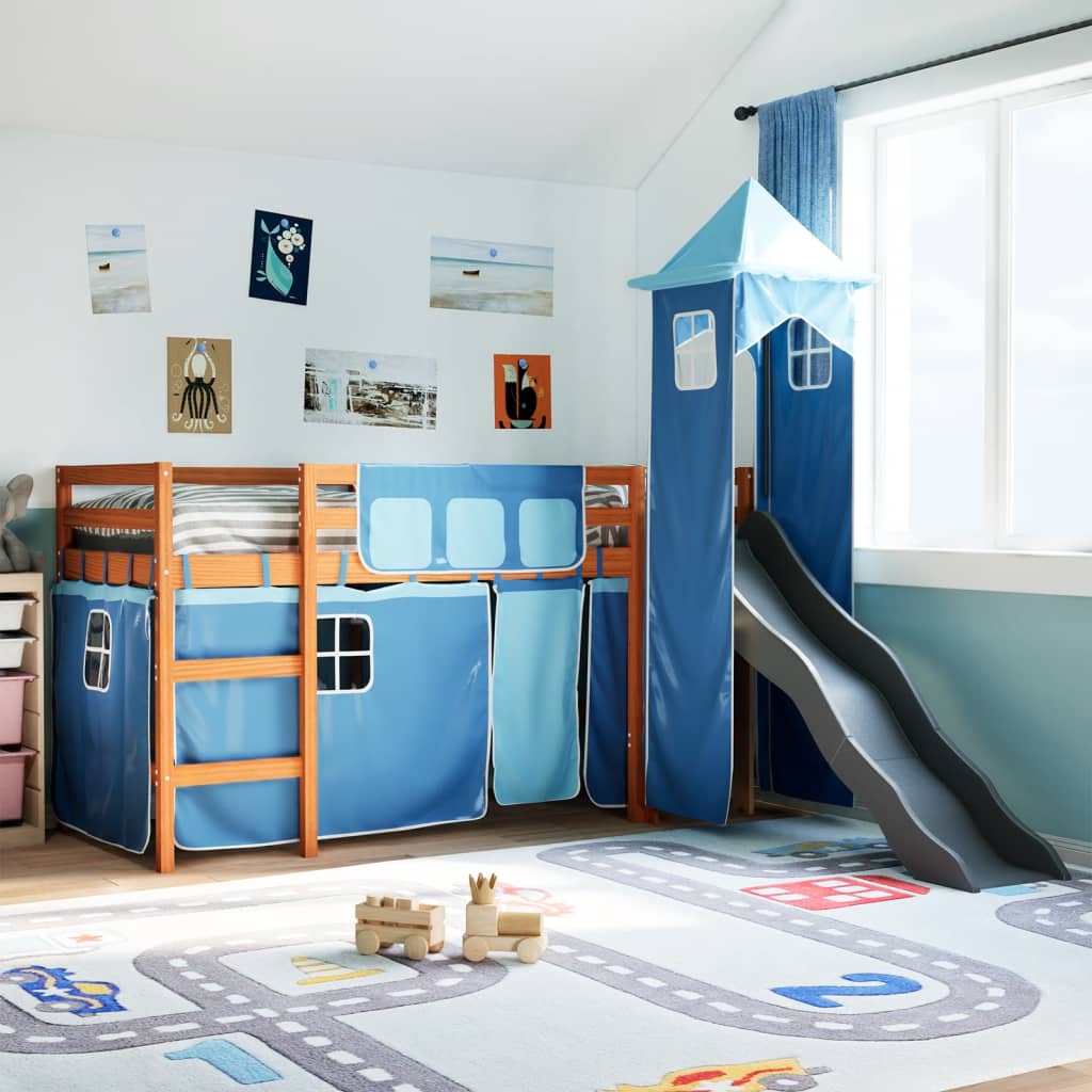 Hochbett für Kinder mit blauem Turm 90x190 cm aus massivem Kiefernholz