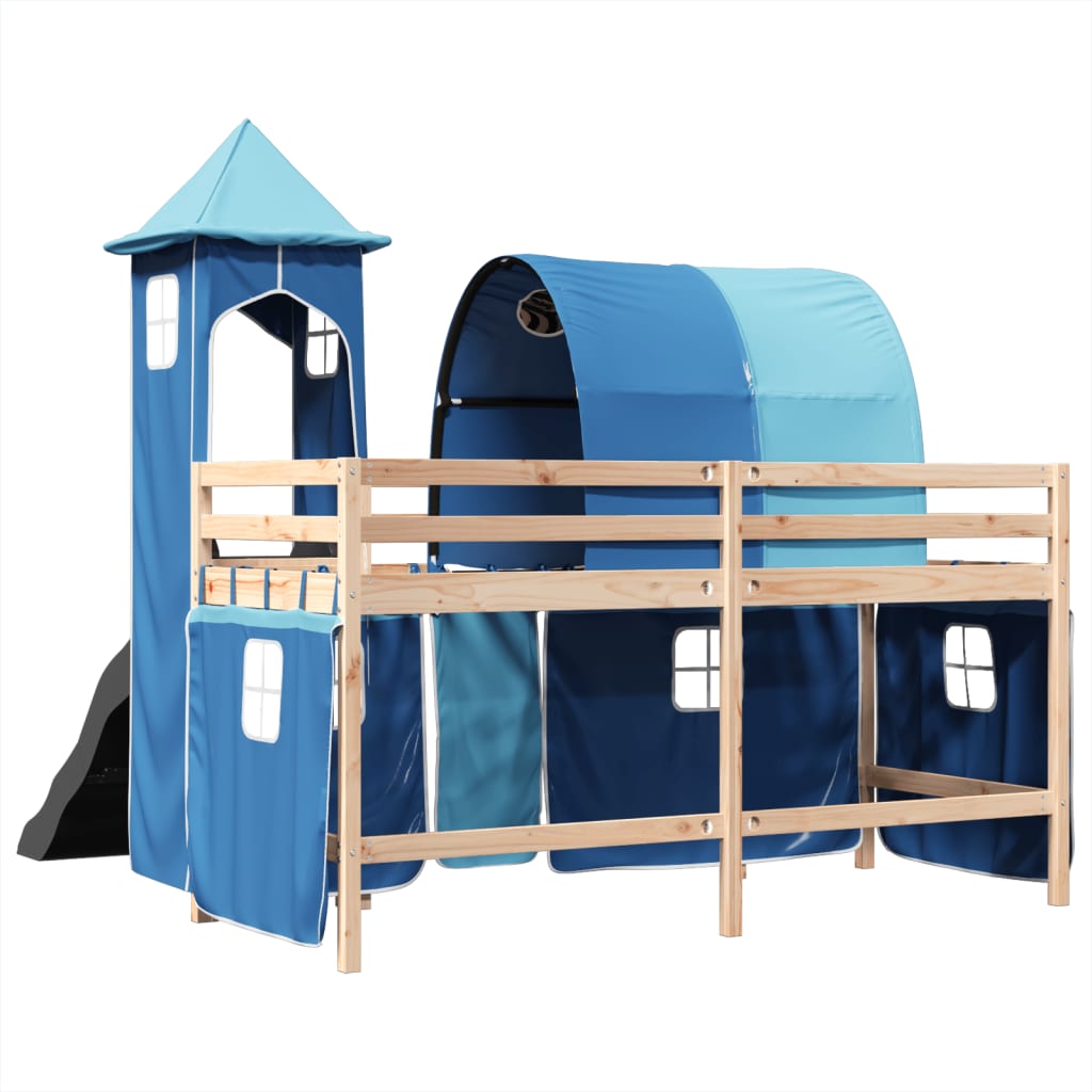 Lit mezzanine enfants avec tour bleu 80x200cm bois pin massif