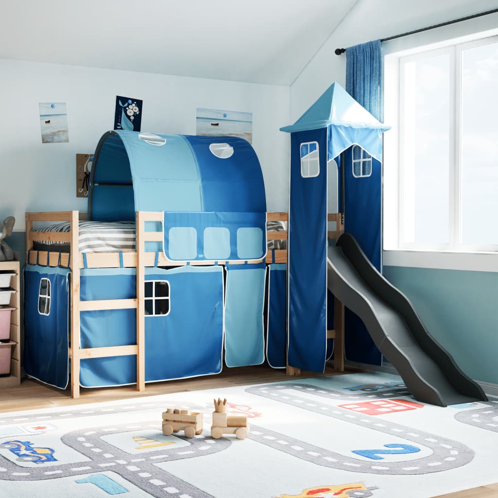 Lit mezzanine enfants avec tour bleu 80x200cm bois pin massif