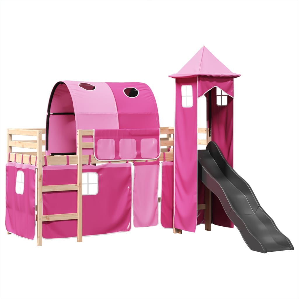 Lit mezzanine enfants avec tour rose 80x200cm bois pin massif