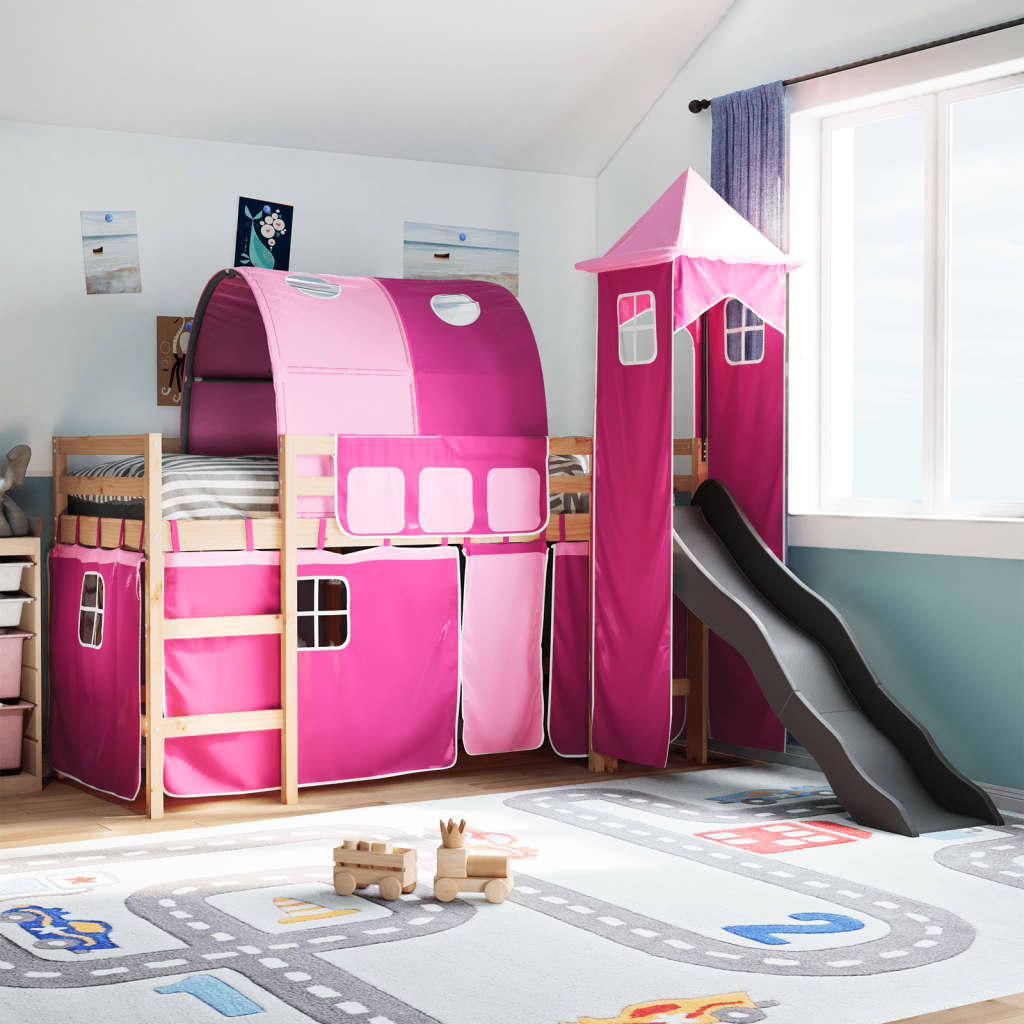 Lit mezzanine enfants avec tour rose 80x200cm bois pin massif