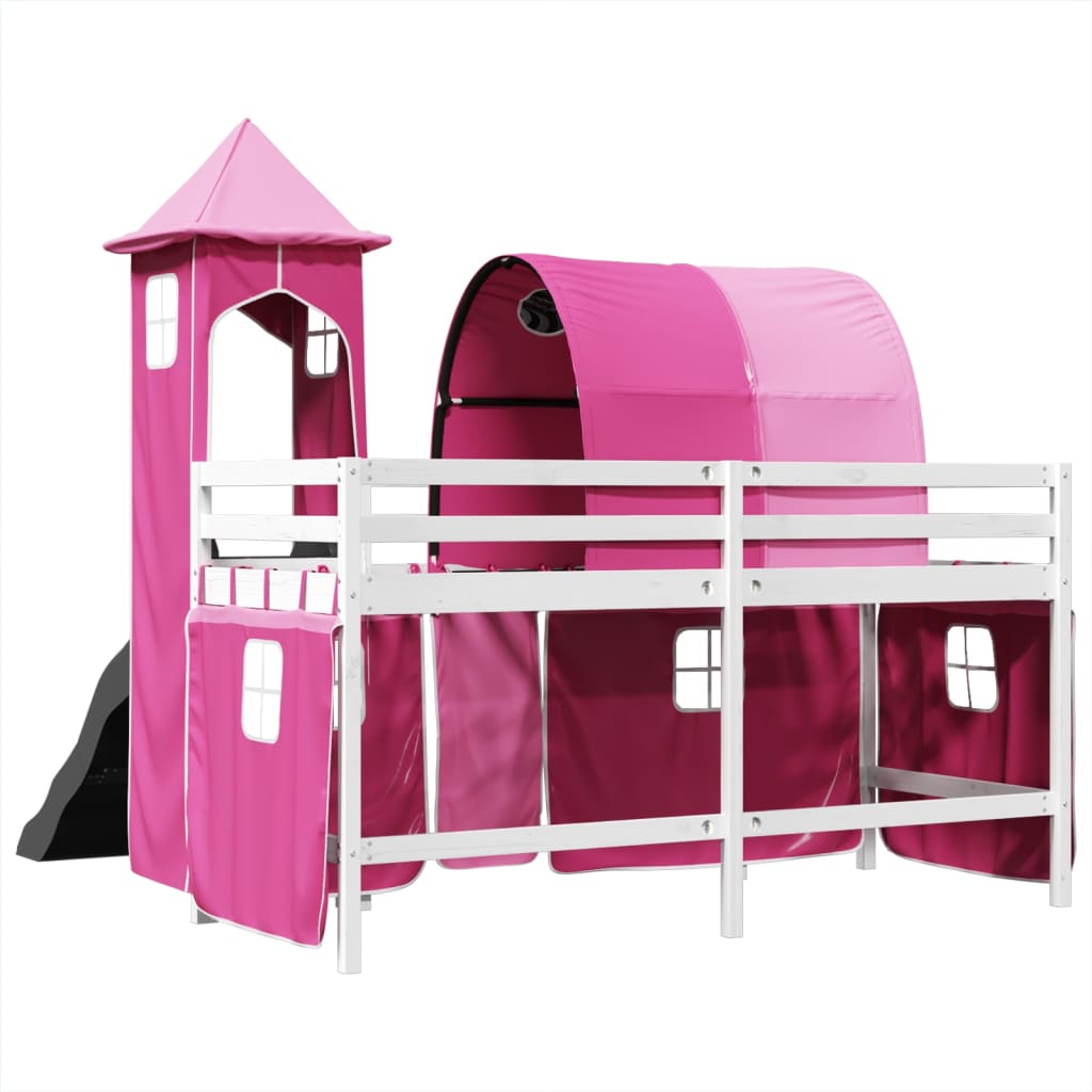 Lit mezzanine enfants avec tour rose 80x200cm bois pin massif