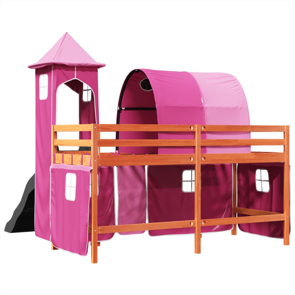 Hochbett für Kinder mit rosa Turm 80x200cm aus massivem Kiefernholz