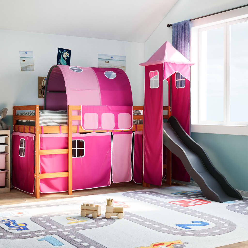 Hochbett für Kinder mit rosa Turm 80x200cm aus massivem Kiefernholz