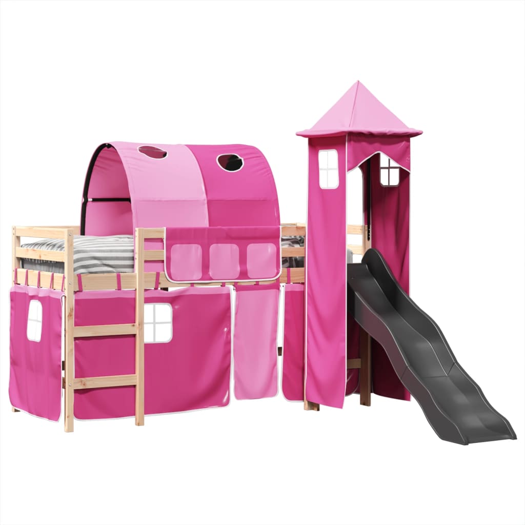 Lit mezzanine enfants avec tour rose 90x200 cm bois pin massif