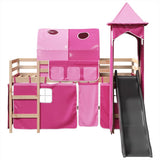 Lit mezzanine enfants avec tour rose 90x200 cm bois pin massif