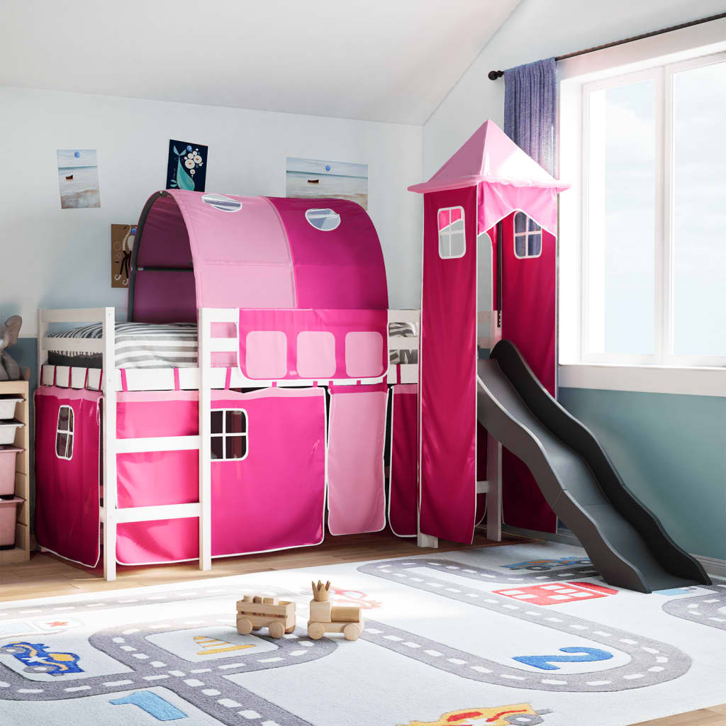 Hochbett für Kinder mit rosa Turm 90x200 cm aus massivem Kiefernholz