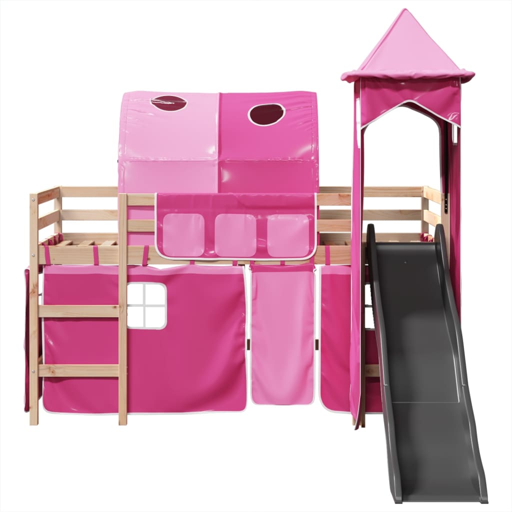 Lit mezzanine enfants avec tour rose 90x190 cm bois pin massif