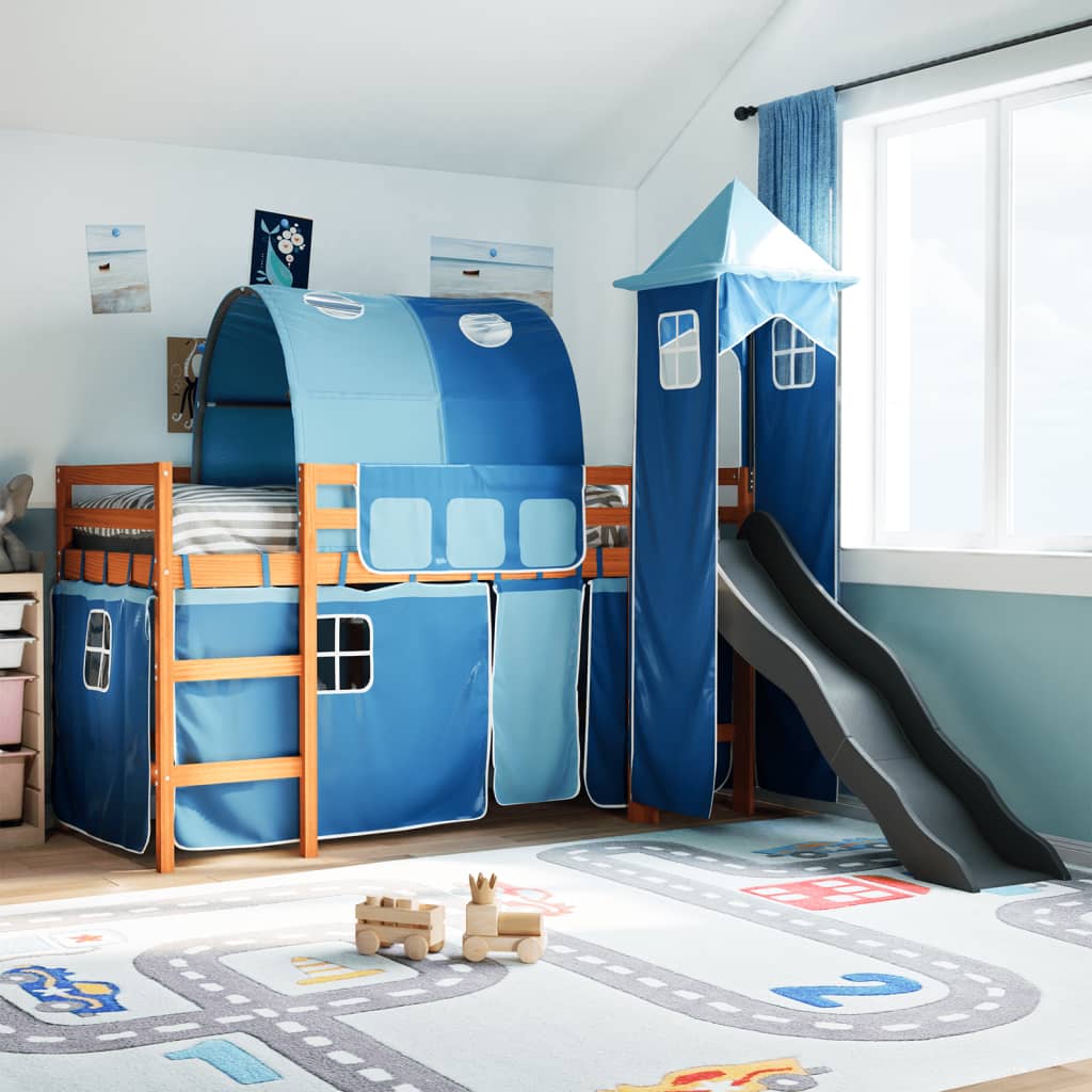 Lit mezzanine enfants avec tour bleu 90x190 cm bois pin massif