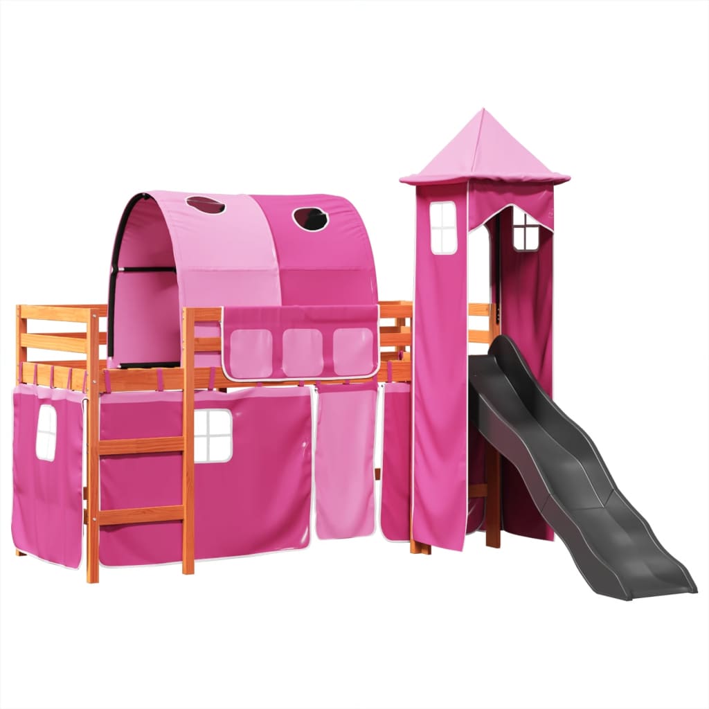 Lit mezzanine enfants avec tour rose 90x190 cm bois pin massif