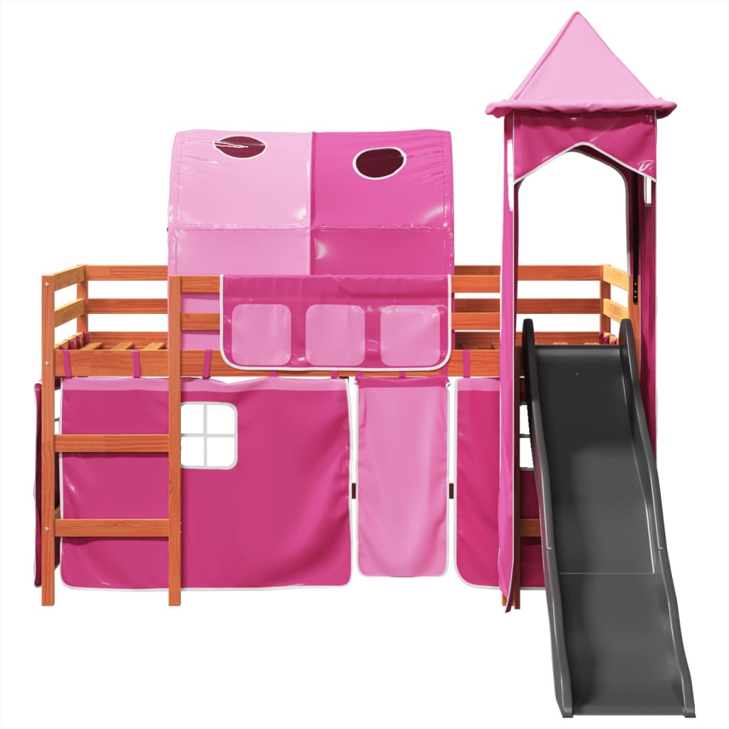 Lit mezzanine enfants avec tour rose 90x190 cm bois pin massif