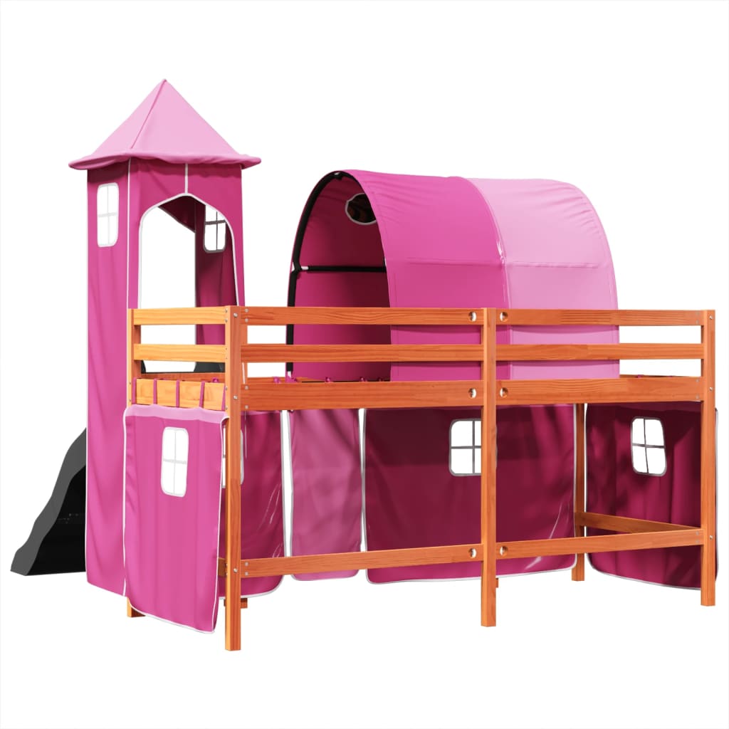 Lit mezzanine enfants avec tour rose 90x190 cm bois pin massif