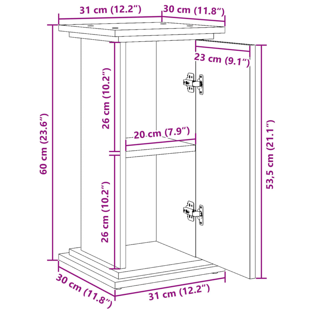 Piédestal avec rangement chêne fumé 31x30x60 cm bois ingénierie