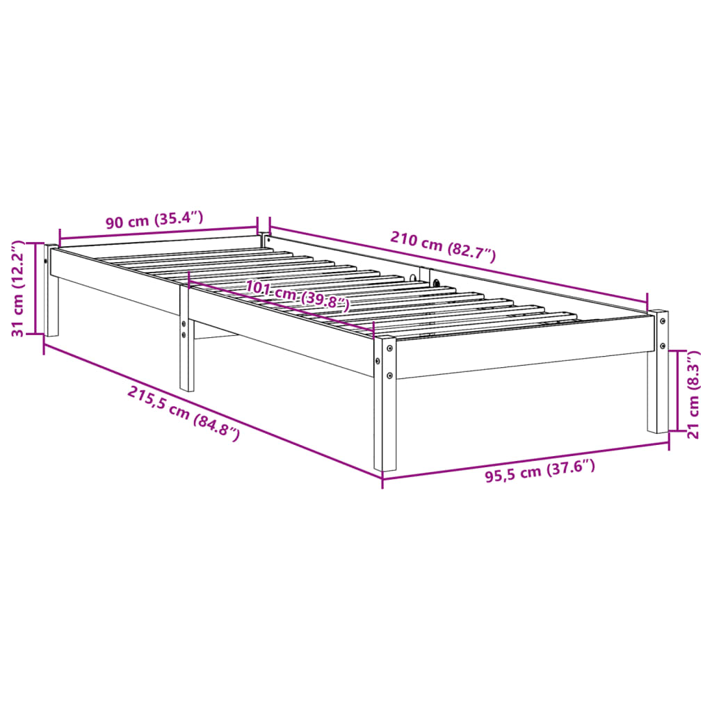 Cadre de lit extra long sans matelas 90x210 cm bois massif pin