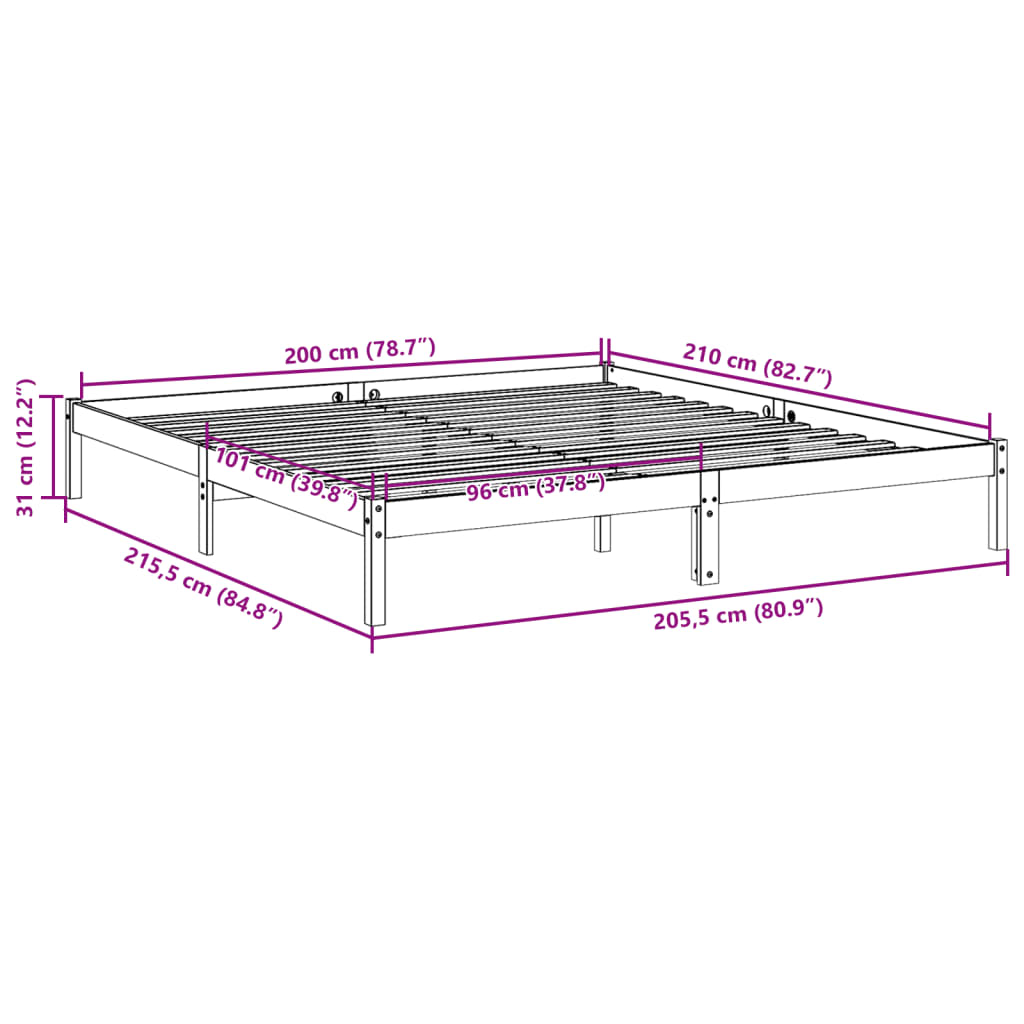 Cadre de lit extra long sans matelas 200x210 cm bois massif pin