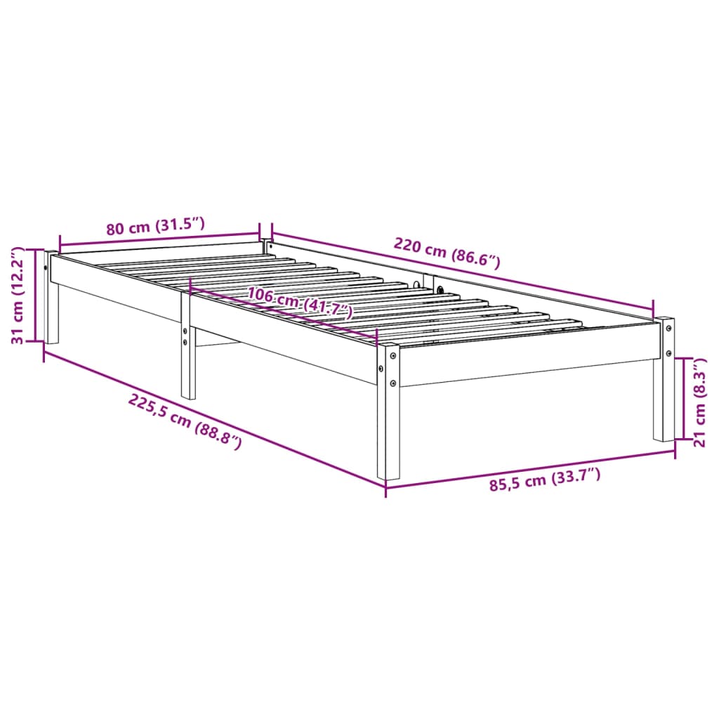 Cadre de lit extra long sans matelas 80x220 cm bois massif pin